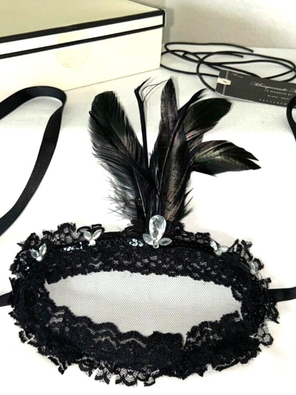 NWT Pottery Barn Black Lace Feathers Rhinestones Mask Adult Masquerade Halloween